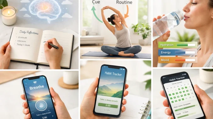 daily habits for mental health showing simple routines like journaling, mindfulness, and habit tracking for well-being