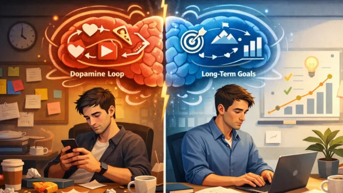procrastination psychology showing brain conflict between distraction and focus with delayed tasks