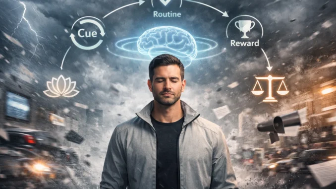 mental strength habits showing calm focused person maintaining control in chaotic environment