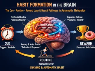 Habit formation process in the brain showing cue routine reward loop and neural pathways involved in automatic behavior