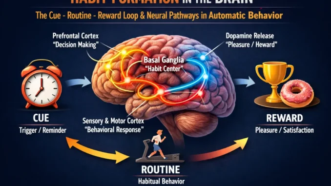 Habit formation process in the brain showing cue routine reward loop and neural pathways involved in automatic behavior