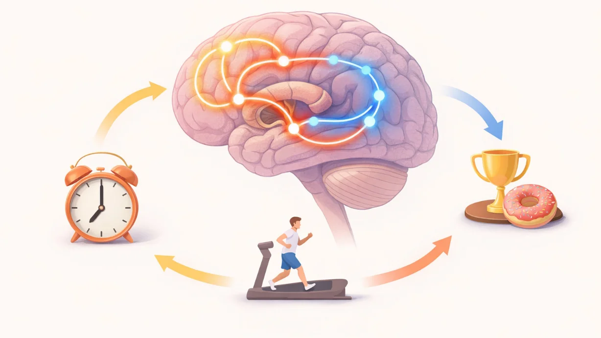 Habit formation process in the brain showing cue routine reward loop and neural pathways involved in automatic behavior