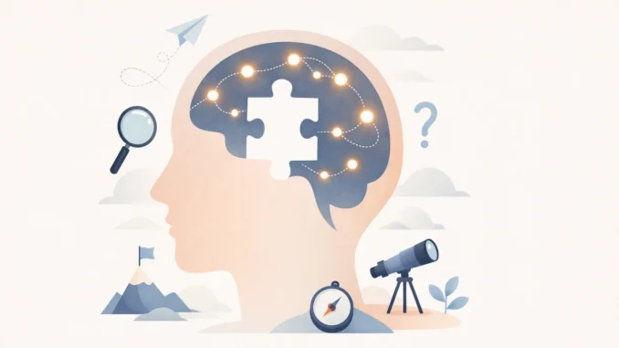 Curiosity concept illustration showing knowledge gap in the brain and exploration behavior linked to learning
