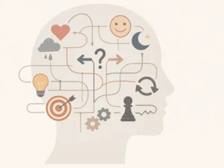 Illustration of human brain and behavior patterns showing decision-making, emotions, and cognitive psychology concepts in a minimalist style