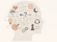 Illustration of human brain and behavior patterns showing decision-making, emotions, and cognitive psychology concepts in a minimalist style