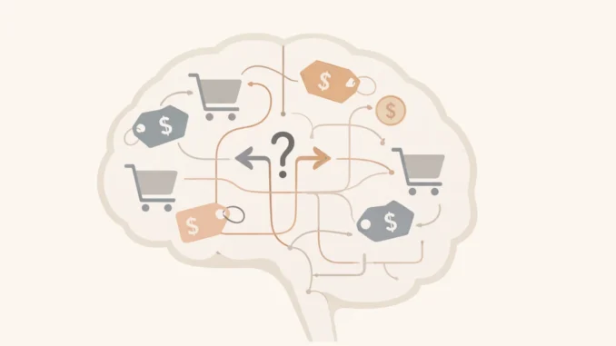 Consumer psychology illustration showing buying decisions, pricing strategies, and behavioral triggers in marketing.