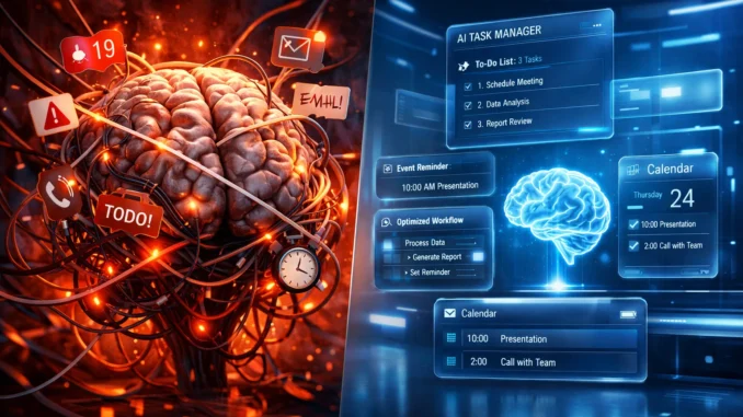 best AI productivity software for decision fatigue concept showing brain overload vs AI task automation