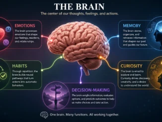 Illustration of the human brain connected to emotions, memory, habits, curiosity, and decision-making concepts in psychology.