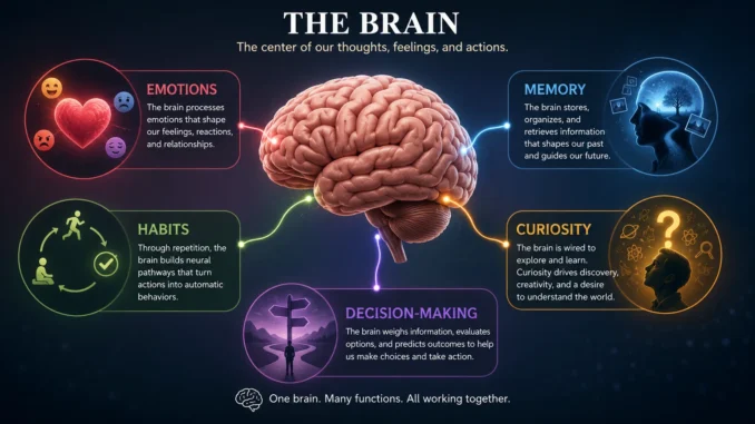Illustration of the human brain connected to emotions, memory, habits, curiosity, and decision-making concepts in psychology.